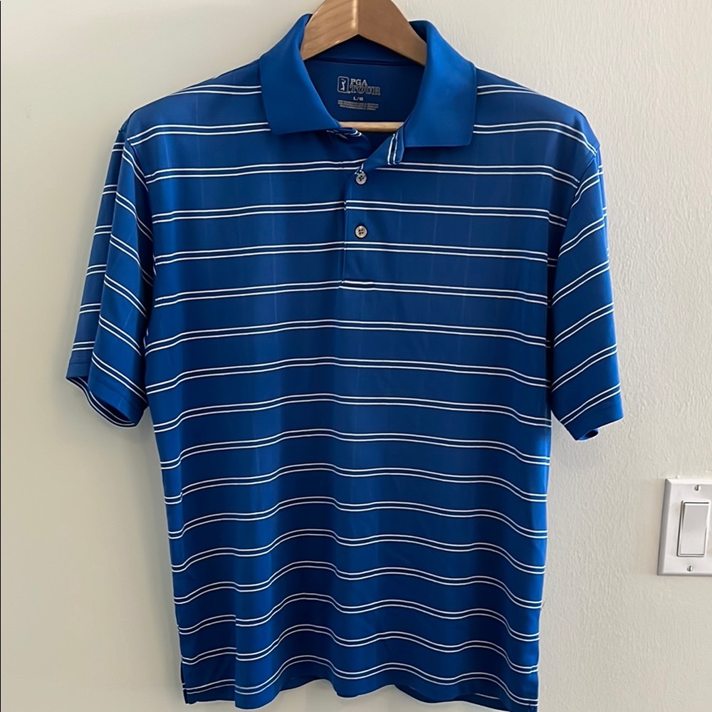 PGA Tour Blue Polo with White Stripes Golf Shirt